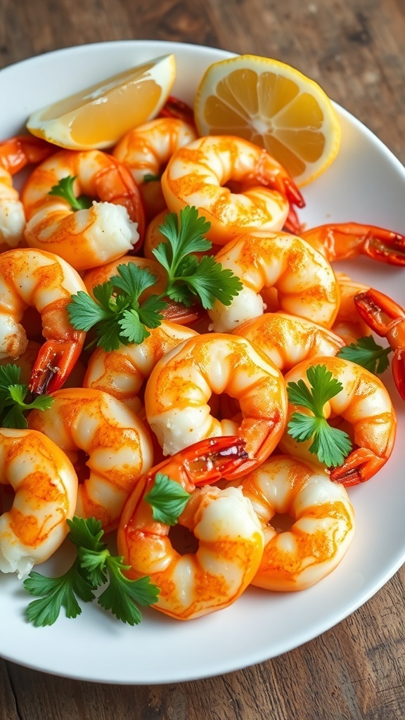 Healthy Air Fryer Garlic Shrimp Recipe Air-fried garlic shrimp on a plate, garnished with parsley and lemon, on a wooden table.